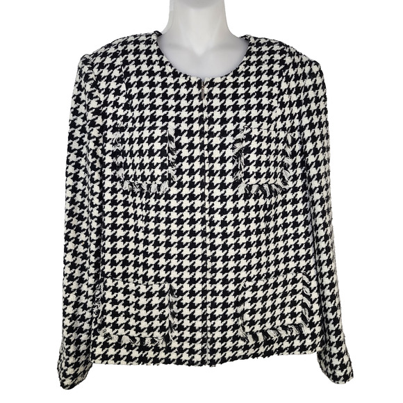 Andrea Viccaro Jacket Womens Size 14 Houndstooth Moto Zip Black White Fringe - Picture 1 of 11